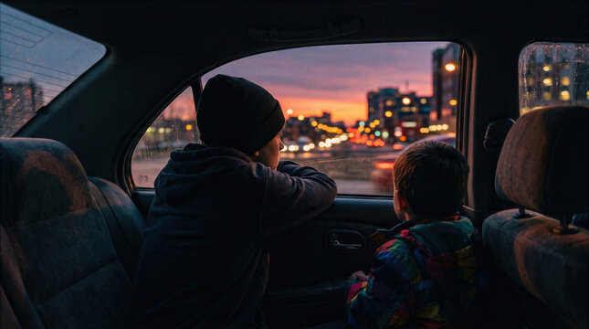 Two young boys sitting in back seat of car looking out window at city traffic lights during sunset