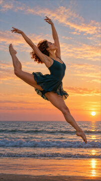 Graceful Ballerina Performing a Grand Jete Leap on the Beach at Sunset