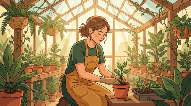 Botanical propagation, A dedicated botanist carefully tends to green sprouts in a sunny greenhouse
