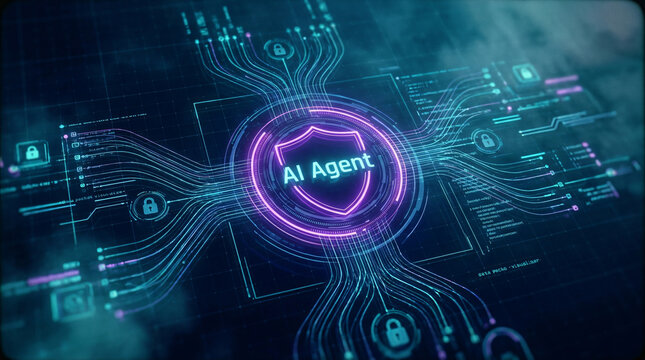 Neon purple virtual shield interface core button text AI Agent launching secure cloud database data connections coding node loops paths dark space grid matrix vector layout