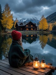 Fototapeta premium Young woman sits on wooden pier by calm lake at dusk. Cozy knitted sweater, red beanie hat worn by girl. Warm lanterns glow near. wooden cabin reflects in water with snow mountains, autumn trees