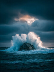 Fototapeta premium Majestic ocean waves crashing powerfully against a solitary rock under dramatic moody skies during a stormy seascape at dusk