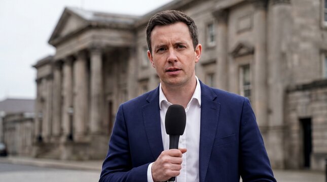 Journalism Broadcast, A professional news reporter prepares for a live broadcast outdoors
