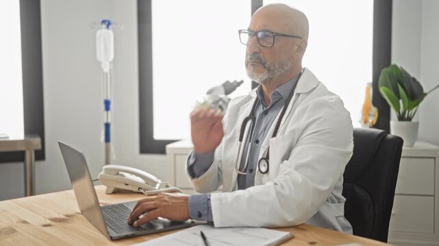 Man doctor with stethoscope rubbing neck while using laptop at desk in medical building; work fatigue.