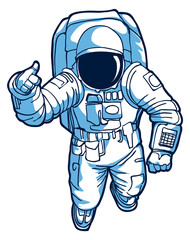 Fototapeta premium Astronaut floating drawing. Thumbs up cosmonaut gesture