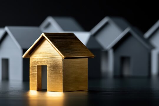 Shiny golden miniature house standing out prominently among grayscale homes symbolizing unique property investment and real estate value concepts