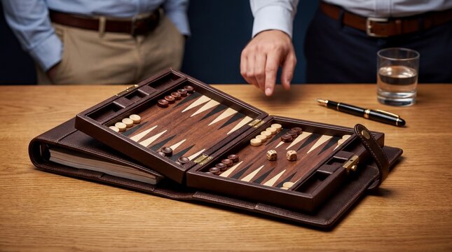 Executive board game planner, A luxury leather business planner conceals a miniature backgammon set