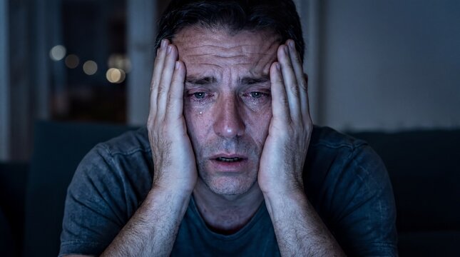 Overwhelming Despair, A middle-aged man sits in the dark, experiencing profound heartbreak