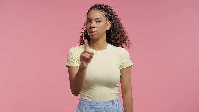 Disagree Serious Teenage Girl Disapproving With No Finger Sign, Nods Head, Deny On