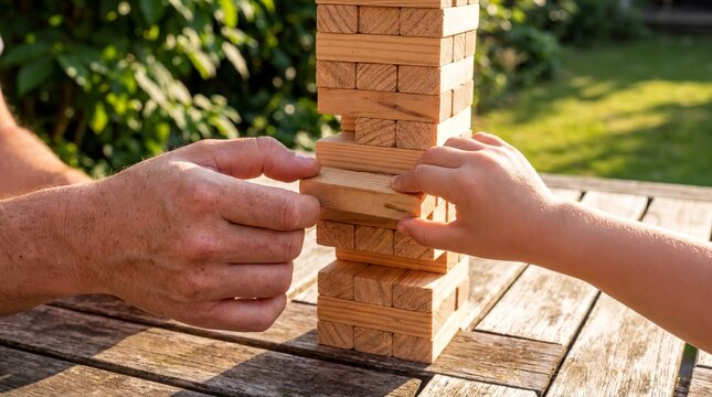 Wooden block tower game, Hands carefully balancing wooden blocks during a sunny backyard game
