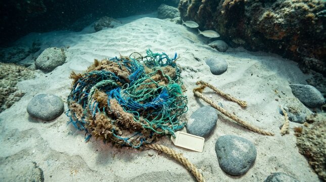 Recovered ghost net rests on a cleared sand patch