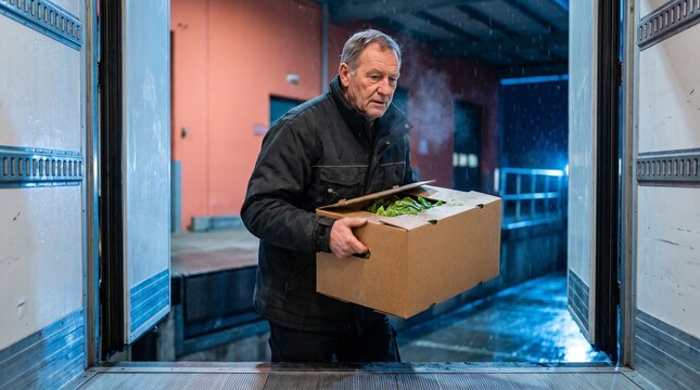 Cold breath over produce cartons at the truck threshold