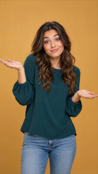 Young brunette woman shrugging shoulders and raising hands in uncertainty, expressive studio portrait against yellow background