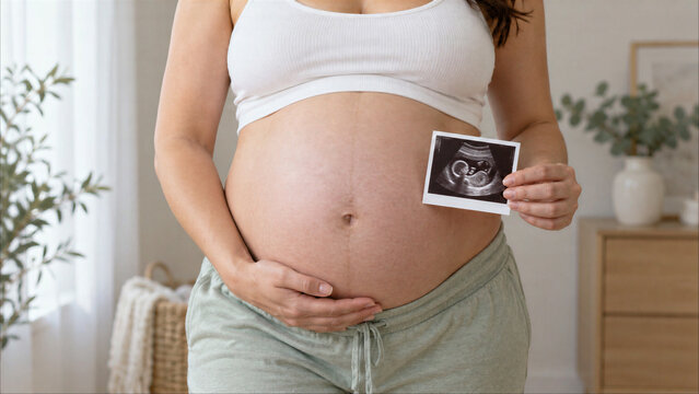 Close-up of Pregnant Woman Holding Ultrasound Sonogram Photo Beside Her Bare Belly at Home