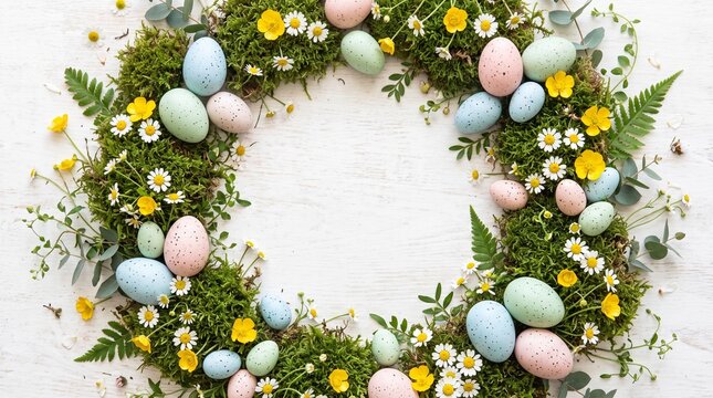 Beautiful spring Easter wreath featuring colorful painted eggs moss and fresh wildflowers overhead flatlay