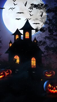 Halloween spooky night with haunted house and pumpkin Jack o Lantern with horizontal movement