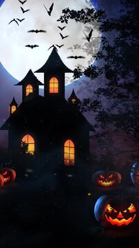 Halloween spooky night with haunted house and pumpkin Jack o Lantern