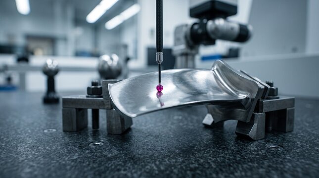 Coordinate measuring machine ruby probe inspecting turbine blade