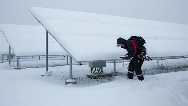 Technician inspecting snow covered solar panels in winter