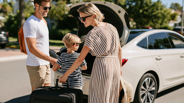 Young family loading luggage into car trunk before road trip on sunny day  