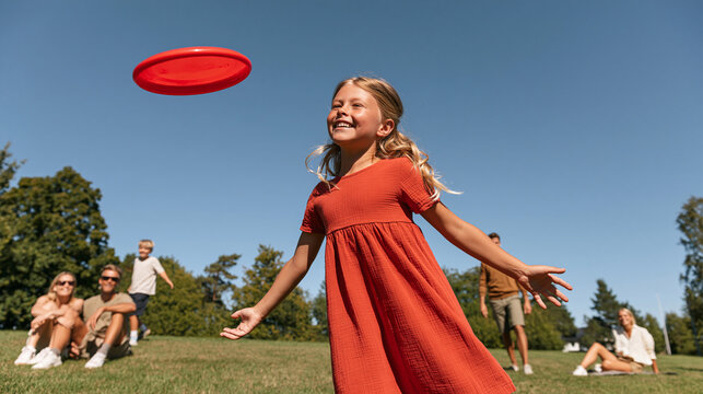 Young girl playing frisbee in park with family on a sunny day  