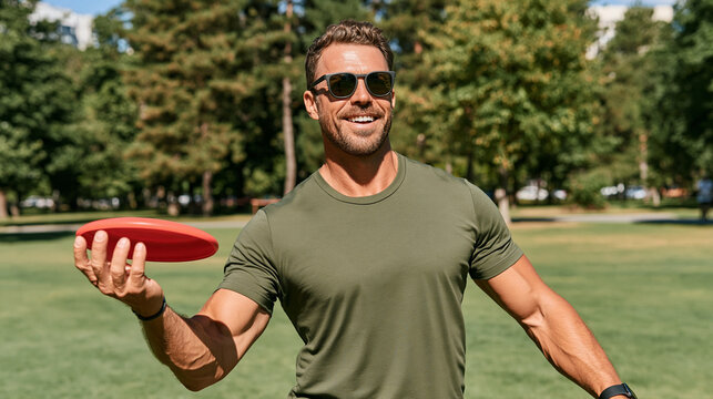Young athletic man playing frisbee and smiling in a sunny city park  