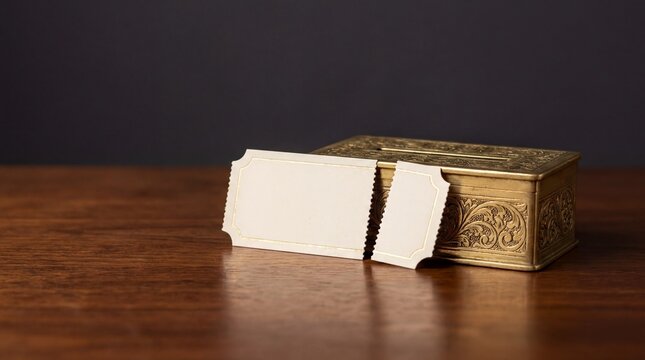 Vintage Theater Admission, Elegant vintage theater tickets rest beside an ornate brass collection box