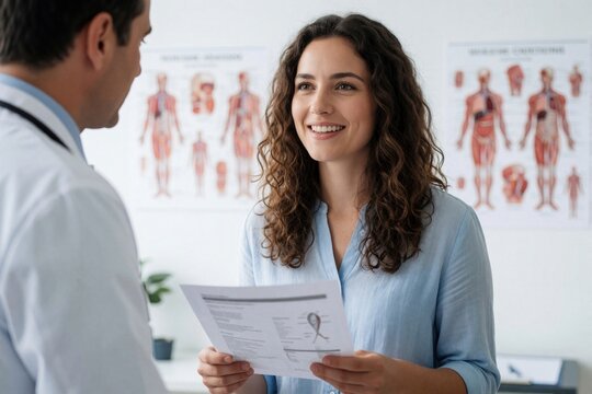 Young woman discusses medical results with male doctor in clinic. Smiling female patient holds paper report talking to physician. Pro healthcare consultation in modern doctor office with anatomy