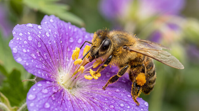 Macro shot of honeybee collecting pollen on purple flower blossom