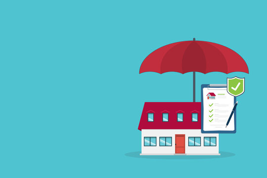 Home insurance concept. House protected with umbrella, modern cottage and paper agreement. Warranty and protection symbol.