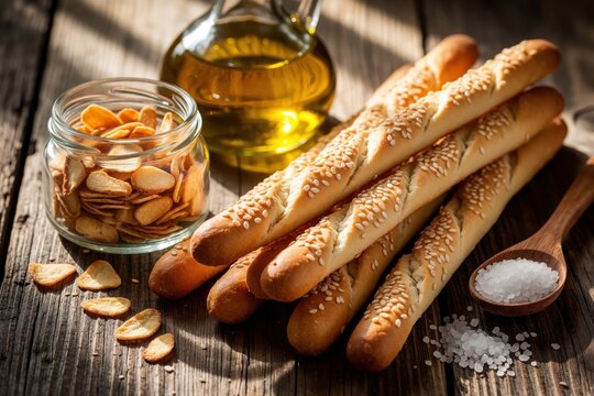 Traditional Italian grissini breadsticks with sesame seeds lie on rustic wooden table. Glass jar with crunchy snacks, olive oil carafe, spoon with sea salt nearby. Tasty homemade bakery products for