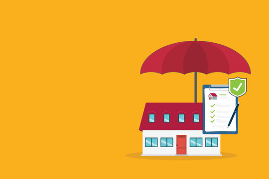 Home insurance concept. House protected with umbrella, modern cottage and paper agreement. Warranty and protection symbol.