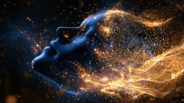 Digital art of a serene human face merging with glowing golden particles and cosmic light trails against a dark background symbolizing imagination and energy fl