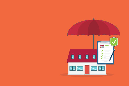 Home insurance concept. House protected with umbrella, modern cottage and paper agreement. Warranty and protection symbol.