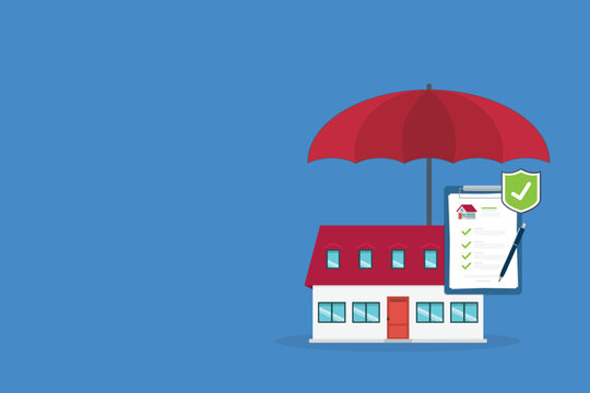 Home insurance concept. House protected with umbrella, modern cottage and paper agreement. Warranty and protection symbol.
