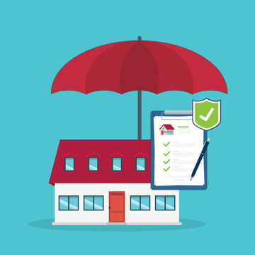 Home insurance concept. House protected with umbrella, modern cottage and paper agreement. Warranty and protection symbol.