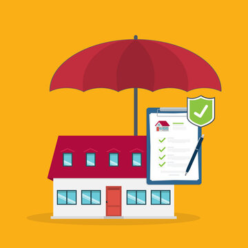 Home insurance concept. House protected with umbrella, modern cottage and paper agreement. Warranty and protection symbol.