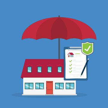 Home insurance concept. House protected with umbrella, modern cottage and paper agreement. Warranty and protection symbol.