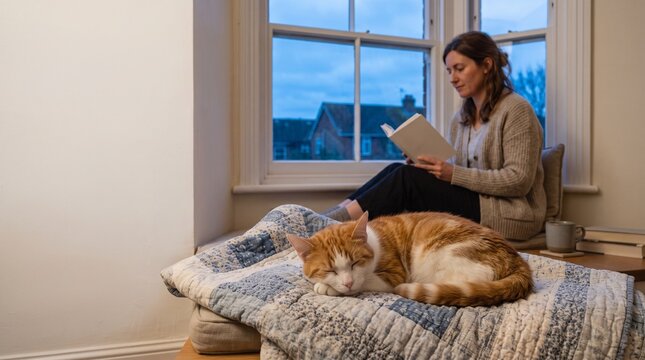 Newly adopted cat rests beside owner in bedroom