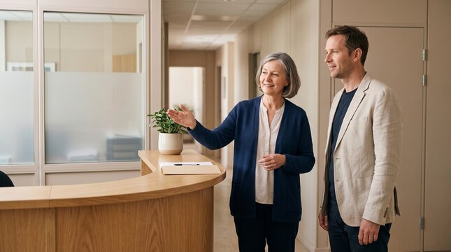 Coordinator welcomes visitor at campus reception