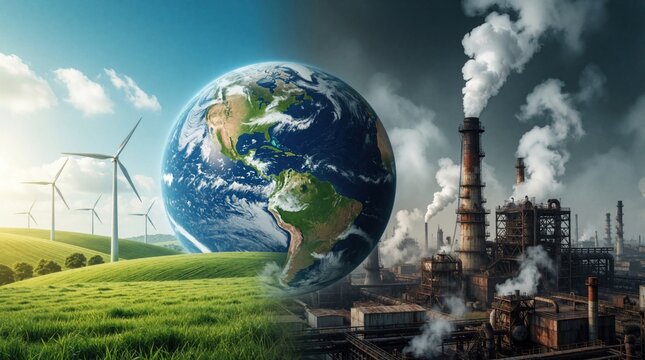 Earth divided into two sides showing environmental contrast. Left side features green hills with wind turbines under blue sky. Right side displays dark industrial factory with smoke chimneys. Concept