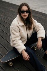 Fototapeta premium Young stylish woman in white fleece jacket, sunglasses sits on skateboard. Trendy girl relaxes on wooden pier boardwalk. Casual urban outfit with dark jeans, skater board for outdoor leisure activity