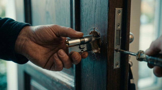 Locksmith hand inserting metallic cylinder core mechanism block wooden security front door frame hole screwdriver tool home safety hardware maintenance layout photo