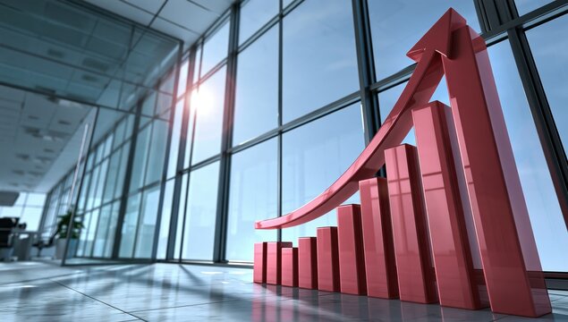 Red rising bar graph with arrow symbolizing growth and success in modern office space with large windows and sunlight reflection on floor