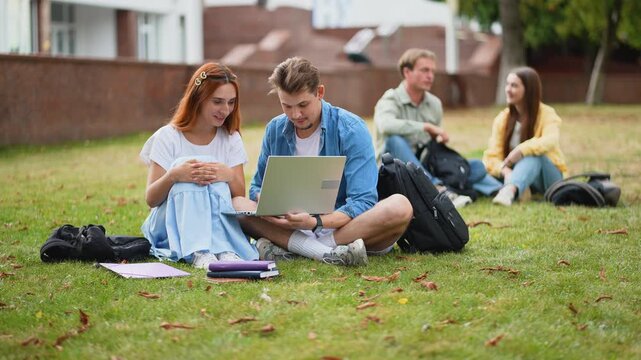 University students studying together on campus lawn