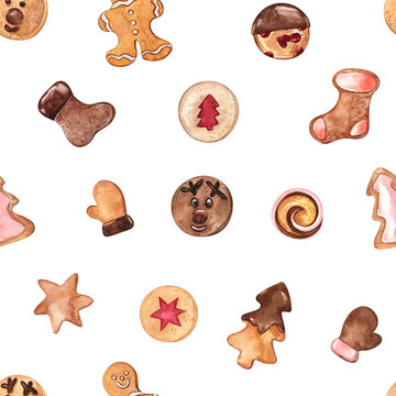 Watercolor Christmas pattern with cute cookies decorated with chocolate and sugar icing