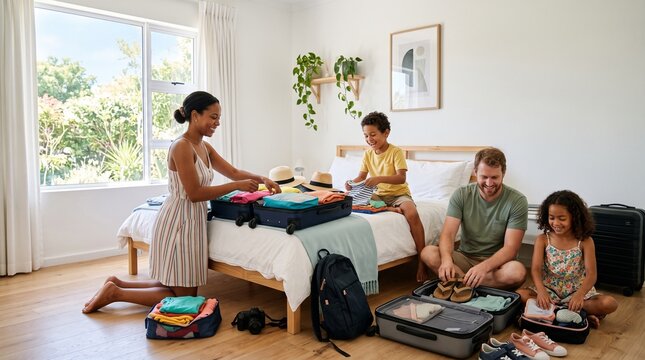Happy family packing suitcases for a vacation together in a bright bedroom with a large window overlooking trees
