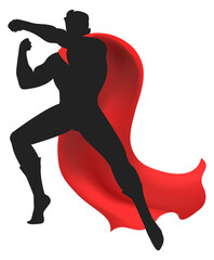 Punching superhero in red cape. Superpower hero silhouette © vectortatu