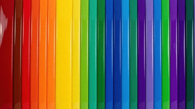 Bright rainbow colored vertical stripes background. Pattern of many vibrant spectrum colors in row. Multicolour smooth surface with glossy texture. Abstract geometric design with red orange yellow