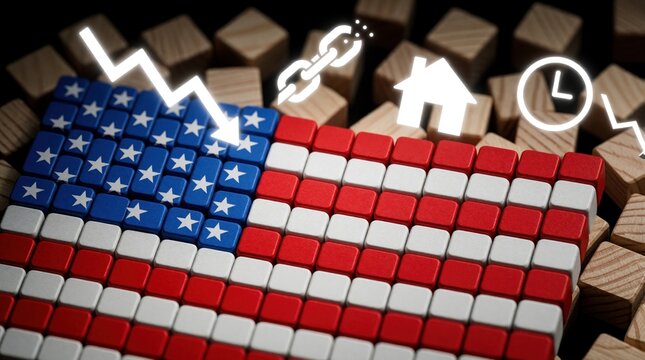 American flag made of small wooden blocks. White icons for economic crisis, falling market graph, broken chain, house, clock float above. Concept of US recession, inflation, housing market crash,